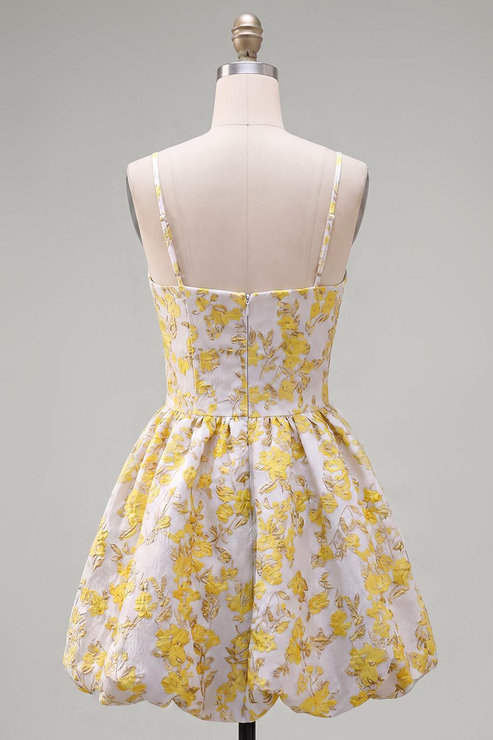 Butter Yellow Floral Short Keyhole A Line Homecoming Dress with 3D Flower