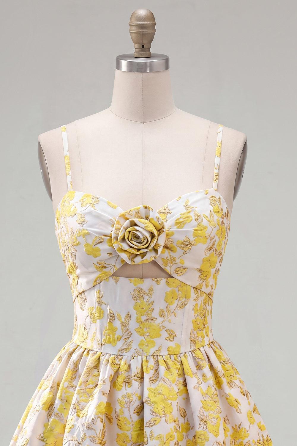 Butter Yellow Floral Short Keyhole A Line Homecoming Dress with 3D Flower