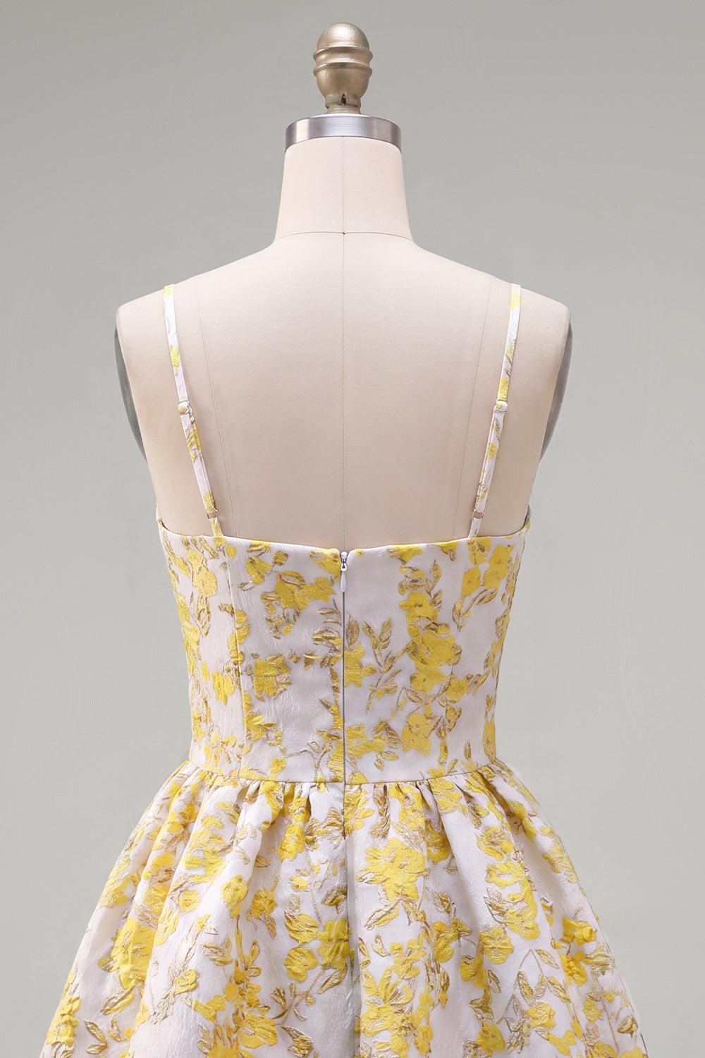 Butter Yellow Floral Short Keyhole A Line Homecoming Dress with 3D Flower