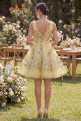 Butter Yellow Floral V-Neck A-Line Short Homecoming Dress with Ruffles