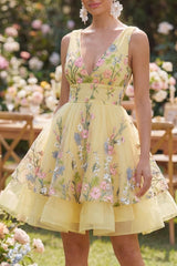 Butter Yellow Floral V-Neck A-Line Short Homecoming Dress with Ruffles
