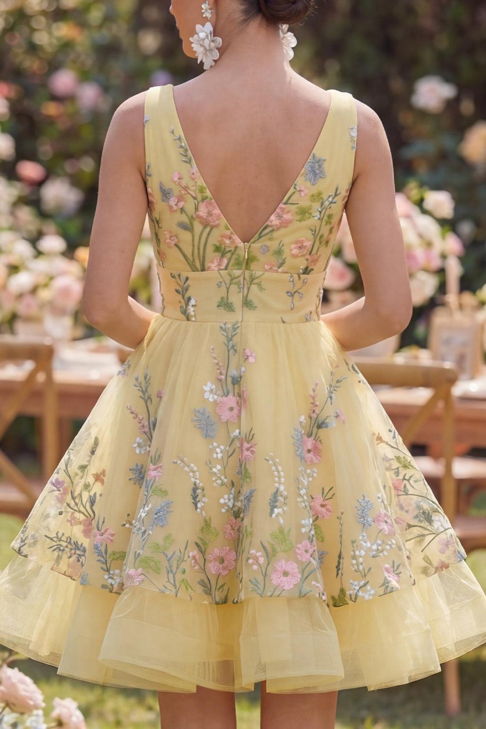 Butter Yellow Floral V-Neck A-Line Short Homecoming Dress with Ruffles