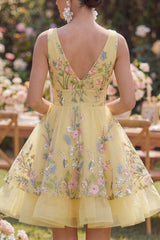 Butter Yellow Floral V-Neck A-Line Short Homecoming Dress with Ruffles