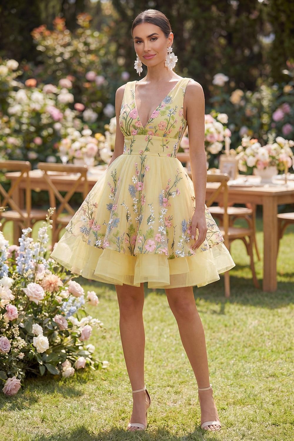 Butter Yellow Floral V-Neck A-Line Short Homecoming Dress with Ruffles