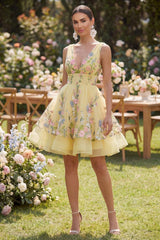 Butter Yellow Floral V-Neck A-Line Short Homecoming Dress with Ruffles