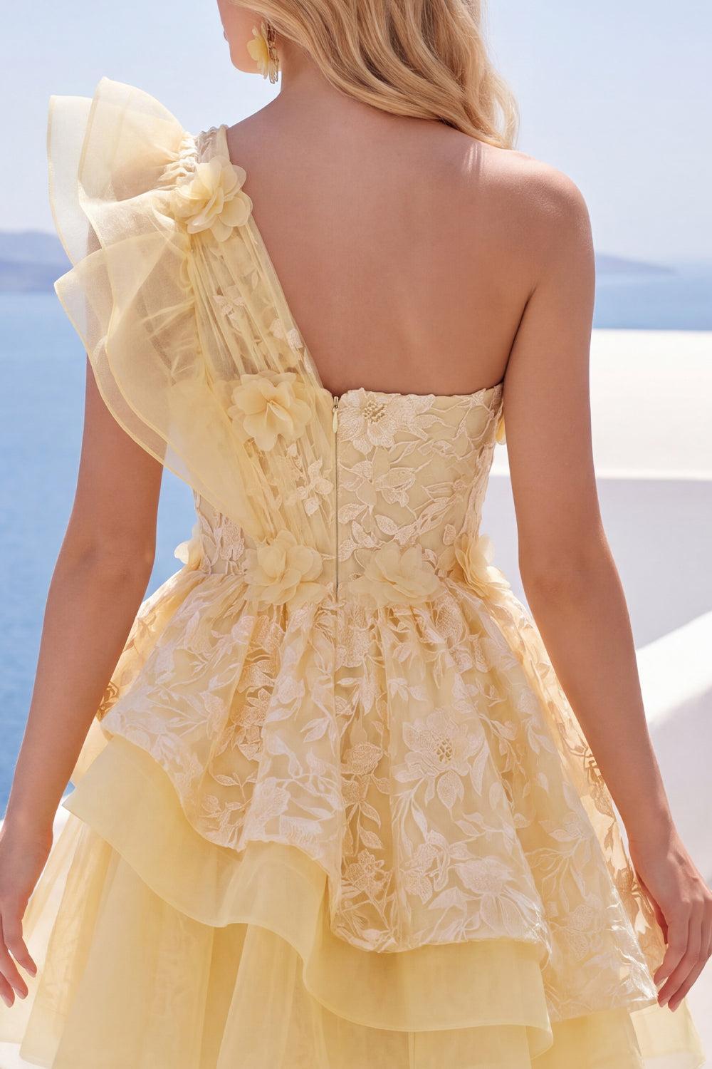 Butter Yellow Lace Floral Ruffled One Shoulder A Line Short Homecoming Dress