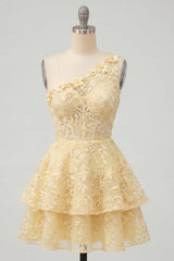 Butter Yellow Short Lace Floral One Shoulder Ruffled A Line Corset Homecoming Dress