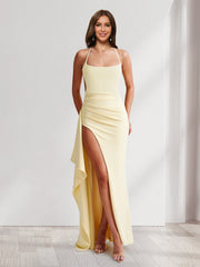 Sheath/Column Spaghetti Straps Pleated Ruffle Bridesmaid Dresses with Split Side As Picture