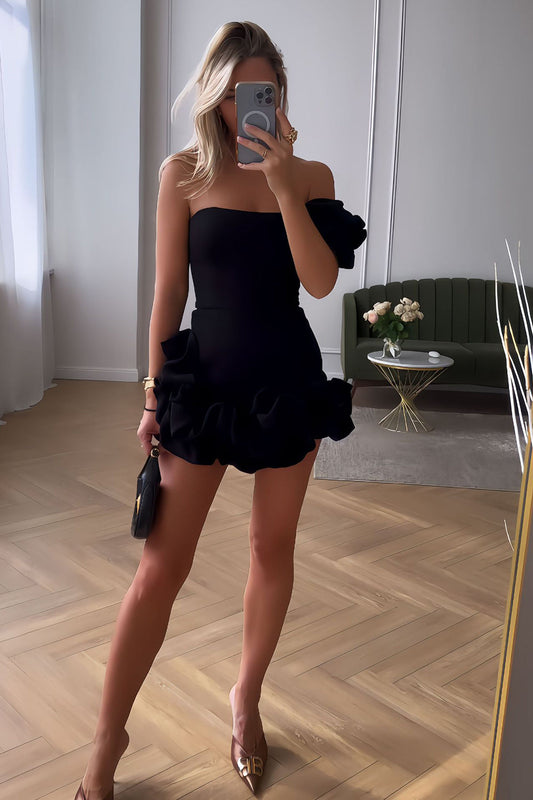 Black One Shoulder Ruffled Tight Short Homecoming Dress