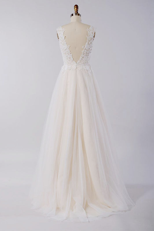 Champagne Tulle Wedding Dress Lace Appliques A-Line Sleeveless Bridal Dress