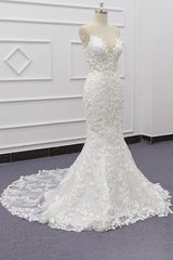 White Tulle Wedding Dress Lace Appliques Spaghetti Straps Mermaid Bridal Dress