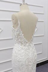 White Tulle Wedding Dress Lace Appliques Spaghetti Straps Mermaid Bridal Dress