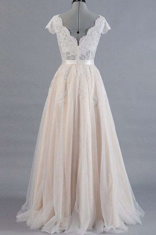 Champagne Tulle Lace Wedding Dress A-Line Bridal Dress