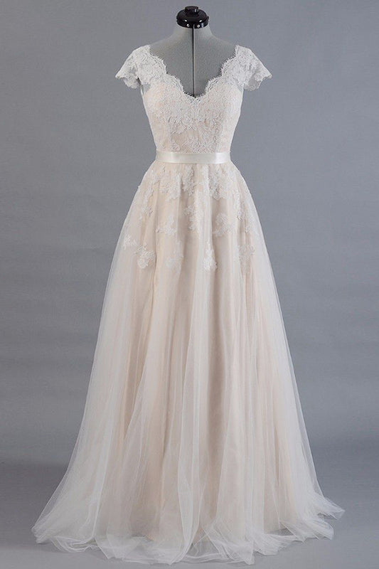 Champagne Tulle Lace Wedding Dress A-Line Bridal Dress