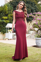 Burgundy Evening Dress Cap sleeve Lace Appliques Mermaid Formal Dress