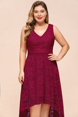 Burgundy Formal Dress V Neck Lace Evening Party Dress