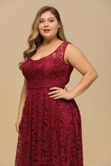 Burgundy Scoop Neck Bridesmaid Dress High Low Lace Evening Dress