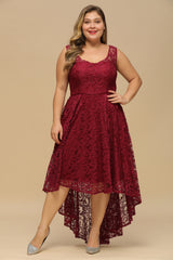 Burgundy Scoop Neck Bridesmaid Dress High Low Lace Evening Dress