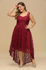 Burgundy Scoop Neck Bridesmaid Dress High Low Lace Evening Dress