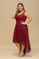 Burgundy Scoop Neck Bridesmaid Dress High Low Lace Evening Dress