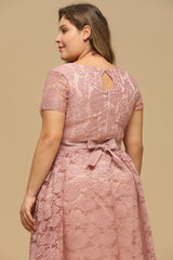 Dusty Rose V neck Wedding Party Dress Short Sleeves Lace Cocktail Dress