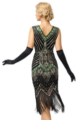 Gold Green Glitter Fringe Flapper 1920s Dress