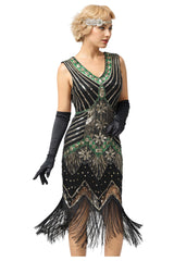 Gold Green Glitter Fringe Flapper 1920s Dress