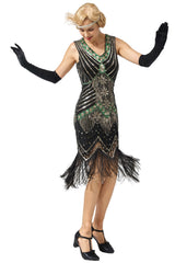 Gold Green Glitter Fringe Flapper 1920s Dress