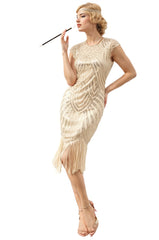 Ivory Cape Sleeves Sequin Fringe Flapper 1920s Dress