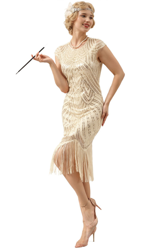 Ivory Cape Sleeves Sequin Fringe Flapper 1920s Dress