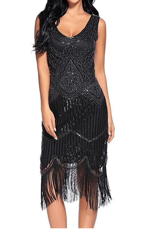 Blue 1920s Scoop Neck Sleeveless Gatsby Dress with Fringe