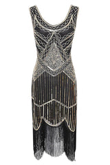 khaki 1920s Scoop Neck Sleeveless Gatsby Dress with Fringe