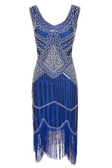 Blue 1920s Scoop Neck Sleeveless Gatsby Dress with Fringe