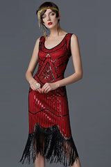 Red 1920s Scoop Neck Sleeveless Gatsby Dress with Fringe