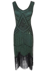 Blue 1920s Scoop Neck Sleeveless Gatsby Dress with Fringe