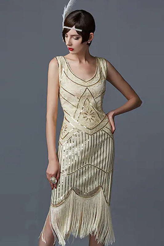 khaki 1920s Scoop Neck Sleeveless Gatsby Dress with Fringe