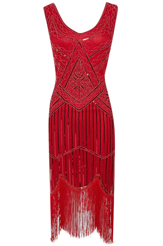 Red 1920s Scoop Neck Sleeveless Gatsby Dress with Fringe