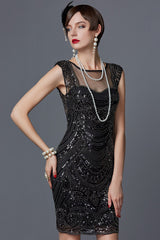 Black Crew Neck Sleeveless Sequined Flapper 1920s Dress