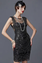 Champagne Crew Neck Sleeveless Sequined Flapper 1920s Dress