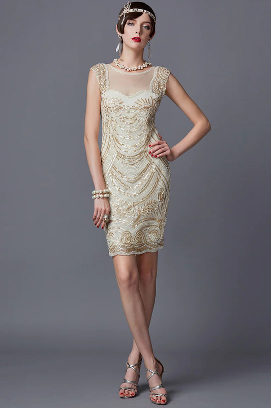 Champagne Crew Neck Sleeveless Sequined Flapper 1920s Dress