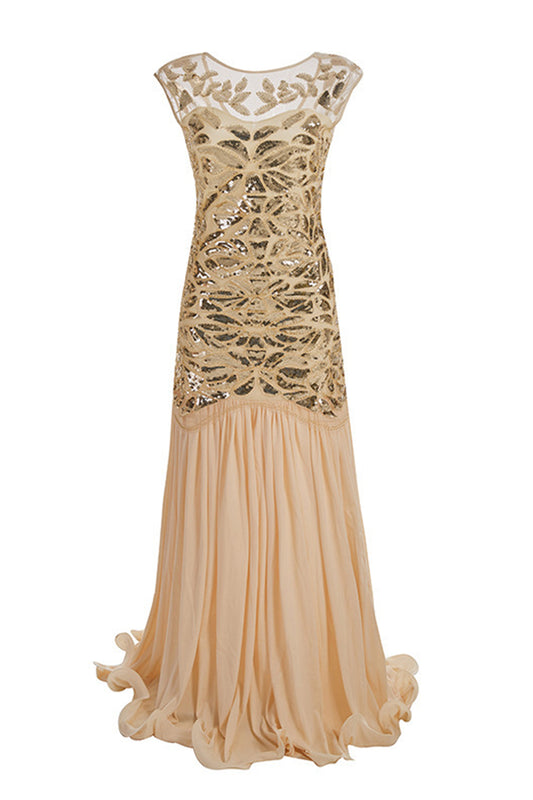 Champagne Gold 1920s Cap Sleeves Long Flapper Evening Dress