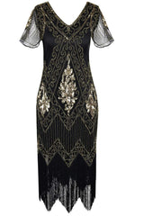 Black Fringe 1920s Short Sleeve V-Neck Flapper Dress