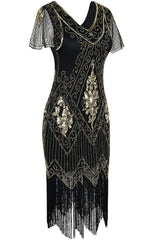 Black Fringe 1920s Short Sleeve V-Neck Flapper Dress