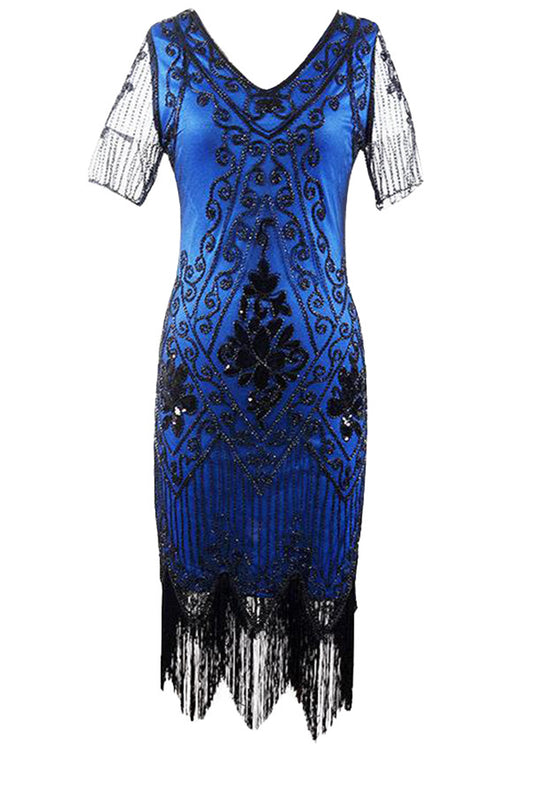 Blue Fringe 1920s Short Sleeve V-Neck Flapper Dress