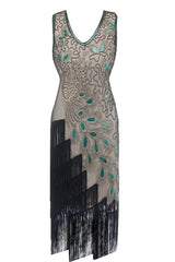 Blue Peacock 1920s V-Neck Sleeveless Gatsby Dress with Fringe