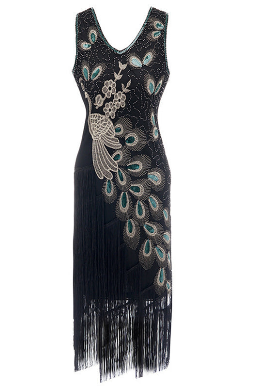 Blue Peacock 1920s V-Neck Sleeveless Gatsby Dress with Fringe