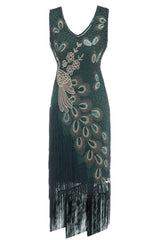 Green Peacock 1920s V-Neck Sleeveless Gatsby Dress with Fringe