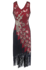 Red Peacock 1920s V-Neck Sleeveless Gatsby Dress with Fringe