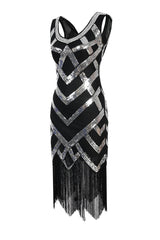 Black Silver Sleeveless Scoop Neck Fringe Flapper 1920s Dress