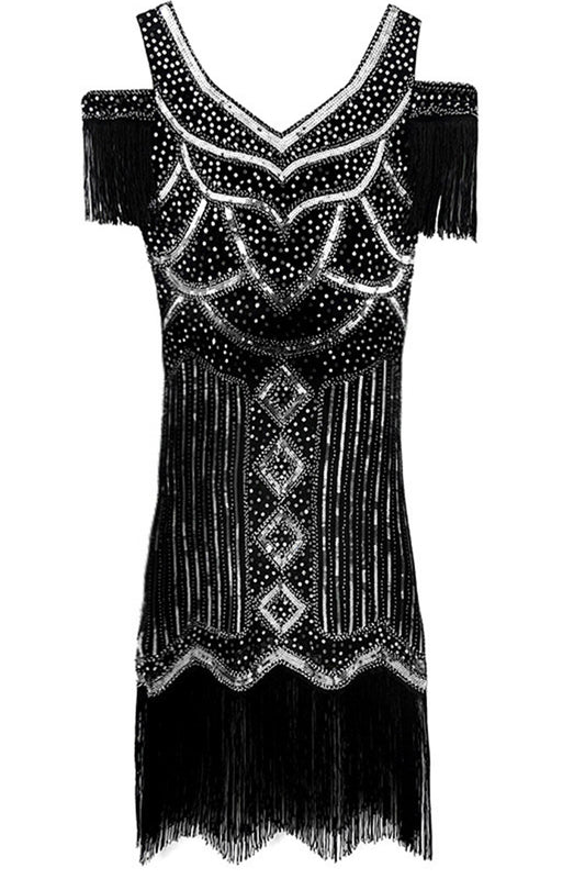 Black Silver 1920s Cold Shoulder Gatsby Dress with Fringe